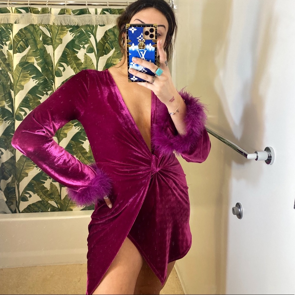 Fashion Nova Velvet Midi Dress in Deep Pink